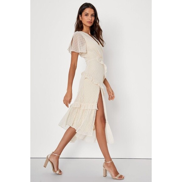 Lulus Womens Swiss Dot Ruffled Midi Dress S Cream Front Slit Beach Travel V-Neck - Picture 5 of 11